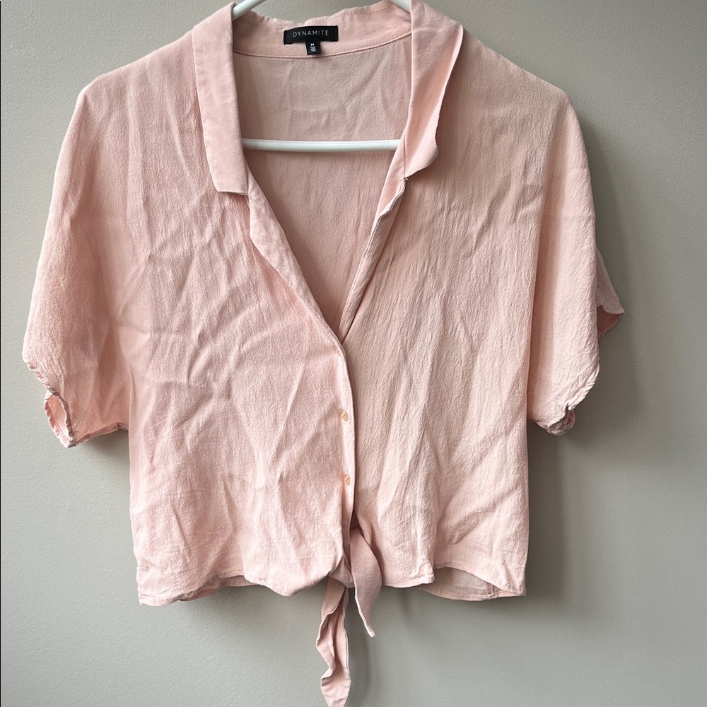 Dynamite Blush Button-Up Tie Blouse